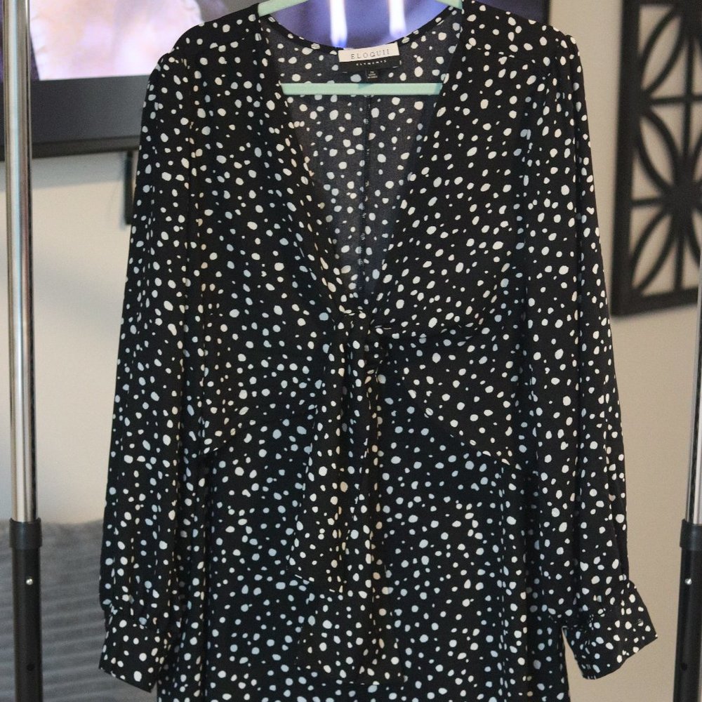 Eloquii Black Polka Dot Balloon Sleeve Wrap Dress
